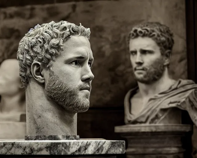 Image similar to a high quality photograph ryan reynolds as a roman marble bust. cinematic lighting.