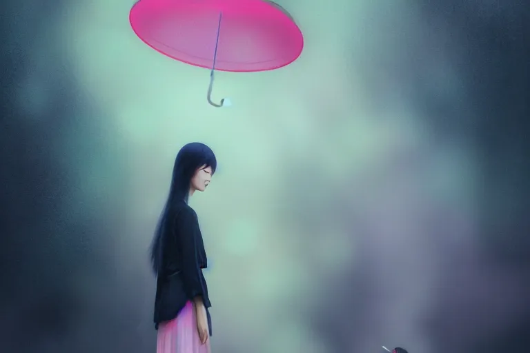 Prompt: surreal Portrait of japanese girl with transparent umbrella in dmt chromatic misty enviroment, elegant, highly detailed, smooth, photoreal, sharp focus, illustration, beautiful, geometric, dmt trending on artstation, cinematic, artwork by WLOP