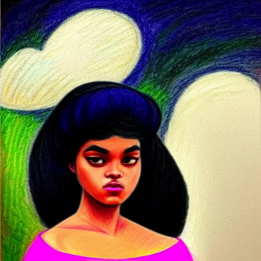 Prompt: crayon drawing of ☁✨🌙👩🏾, plus size woman, soft elegant gown, neon god of city character portrait, in the style of margaret keane, moebius, tom bagshaw, and waterhouse, cinematic lighting, beautiful, elegant, oil painting,