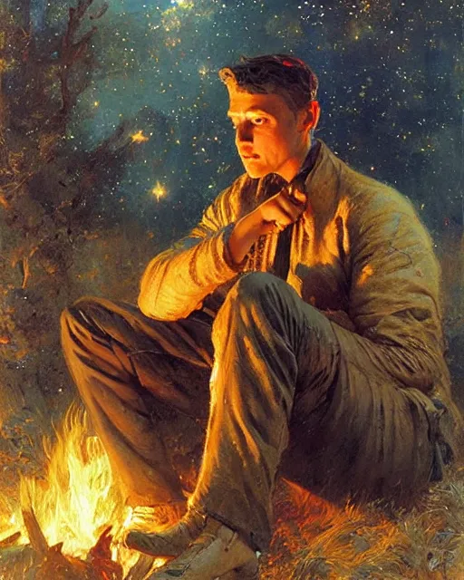 Image similar to very very attractive man contemplates his hands from beside the fire, his tent is nearby, nighttime, dim stars, bright firelight, melancholy, nostalgia, painting by gaston bussiere, craig mullins, j. c. leyendecker