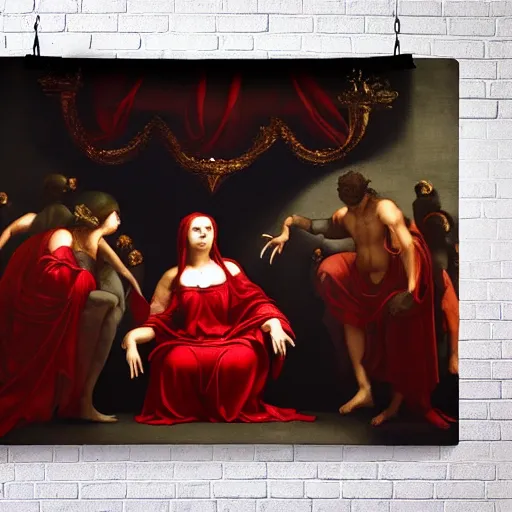 Image similar to the goddess of blood in silk robes of blood, cultists watching, red hoods, candle lights, renaissance, baroque, gothic, high detail, dark lighting, atmospheric, extremely detailed, intricate, smooth, da vinci, michelangelo, caravaggio, 8 k