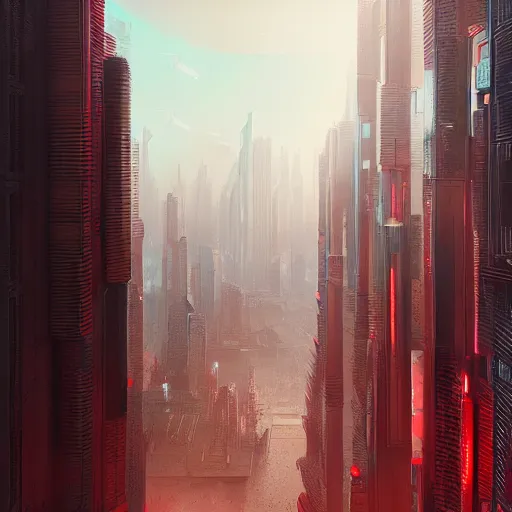 Prompt: a red cityscape with a lot of tall buildings, a detailed matte painting by Neil Blevins, cgsociety, afrofuturism, matte painting, dystopian art, greeble