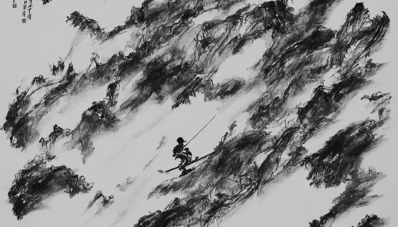 Image similar to traditional chinese ink drawing of a skier, ultra detailed