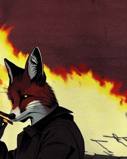 Image similar to a fox in a black trench - coat, smoking a cigarette in front of a huge explosion in the middle of a war, style of anime