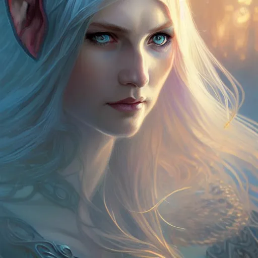 Prompt: half elf sorceress, D&D, blue eyes, blonde hair, fantasy, intricate, elegant, highly detailed, digital painting, artstation, concept art, smooth, sharp focus, illustration, art by artgerm and greg rutkowski and alphonse mucha