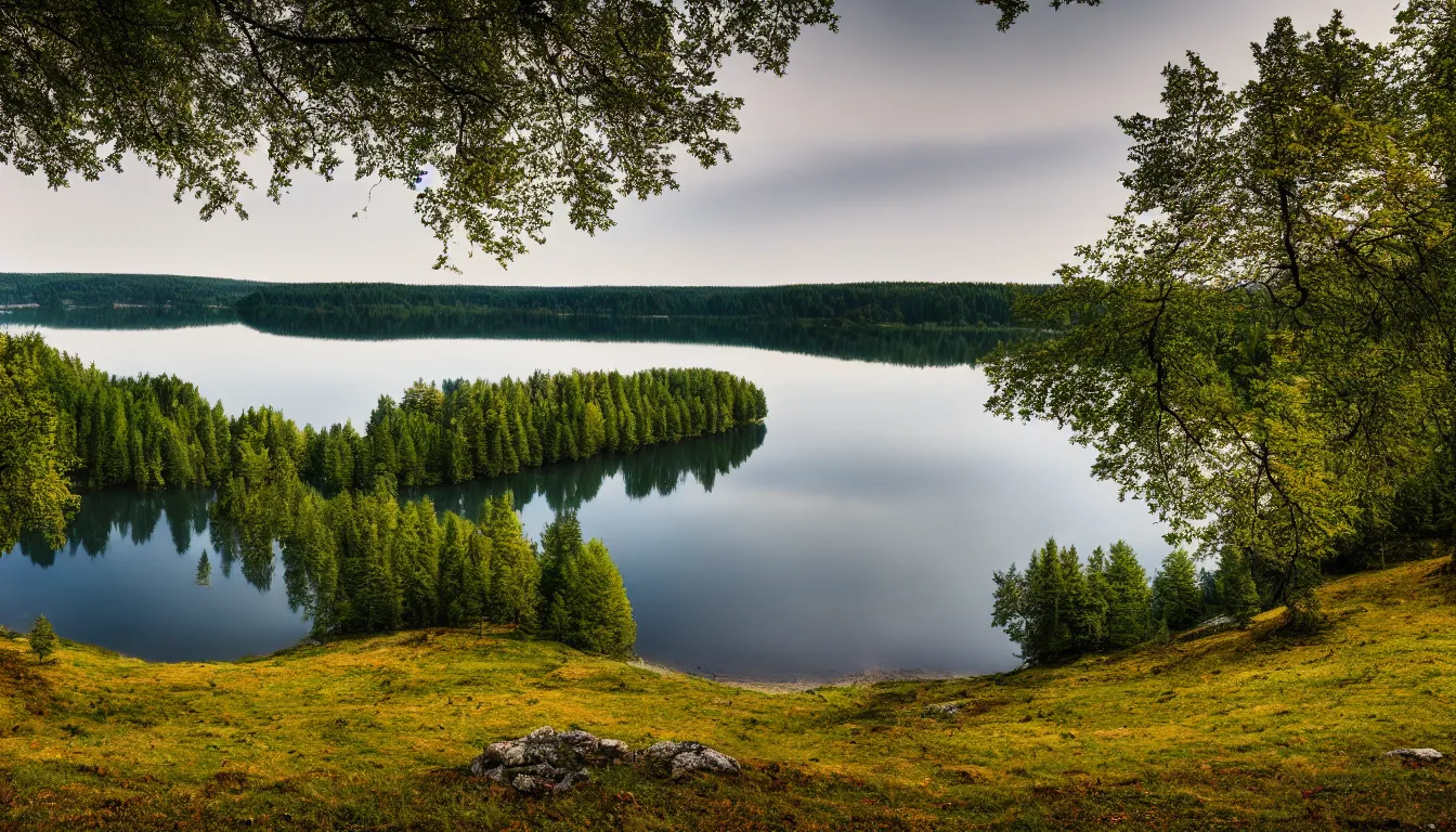 Image similar to eastern european, small lake view from hill shore, national park, nature, atmospheric, ambient vibe, very detailed, high resolution, 8 k