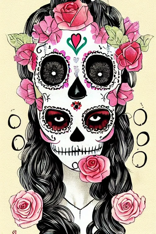 Image similar to illustration of a sugar skull day of the dead girl, art by tom richmond