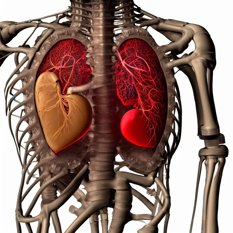 Prompt: 3D render of a steampunk cyborg heart within rib cage, heart tissue, inset xray cross-section, arteries, veins, valves, mechanical pumps, Mandelbrot fractal, titanium skeletal attachments, anatomical, flesh, muscle, wires, microchips, electronics, glowing, full frame, microscopic, elegant, highly detailed, flesh ornate, elegant, dye contrast lighting, black light, octane render in the style of H.R. Giger and Bouguereau