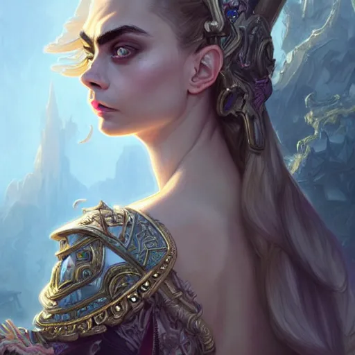 Prompt: Cara Delevingne, closeup, D&D, fantasy, intricate, elegant, highly detailed, digital painting, artstation, concept art, matte, sharp focus, illustration, hearthstone, art by Artgerm and Greg Rutkowski and Alphonse Mucha