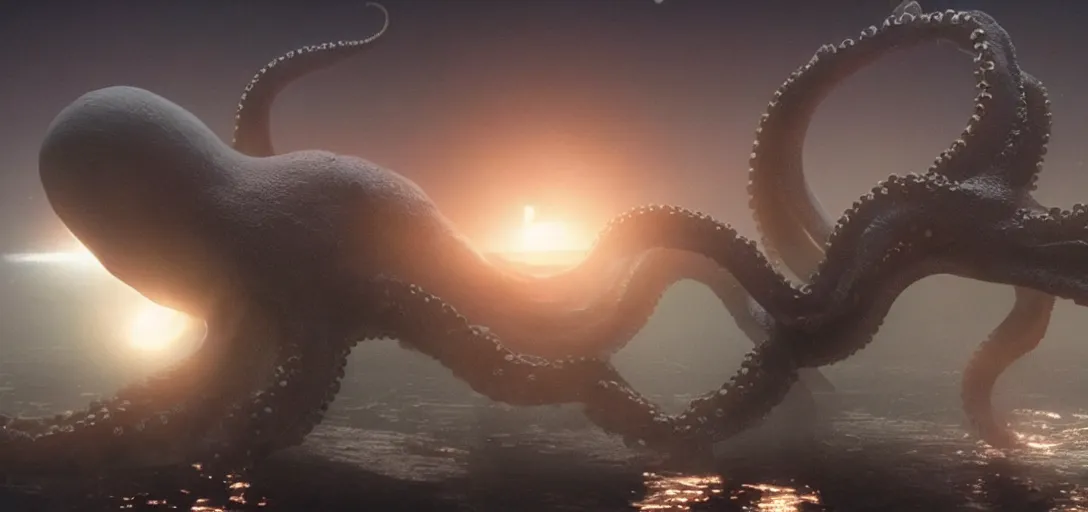 Prompt: an octopus consuming a solar system, foggy, cinematic shot, photo still from movie by denis villeneuve, wayne barlowe