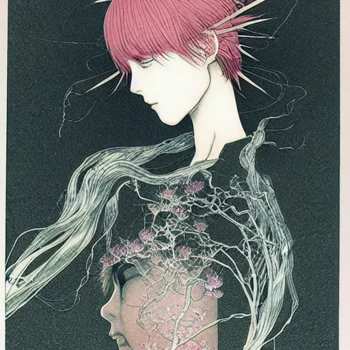 Image similar to prompt: Fragile looking soft light portrait face drawn by Takato Yamamoto and Katsuhiro Otomo, inspired by Ghost in Shell anime, magical and alchemical objects on the side, soft light, intricate detail, intricate ink painting detail, sharp high detail, manga and anime 2000