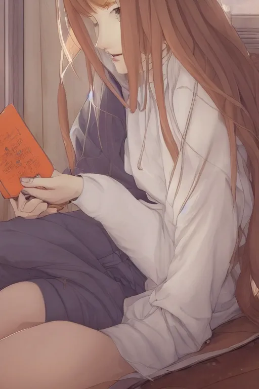 Image similar to a teenage girl in a jk uniform outfit in the bedroom reading a book in a night, raining outside the window, grey and orange theme ， wavy white long hair, by krenz cushart and mucha and akihito yoshida and greg rutkowski, detailed eyes, 4 k resolution