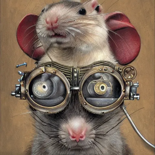 Image similar to a rat with steampunk googles, by Dan Witz