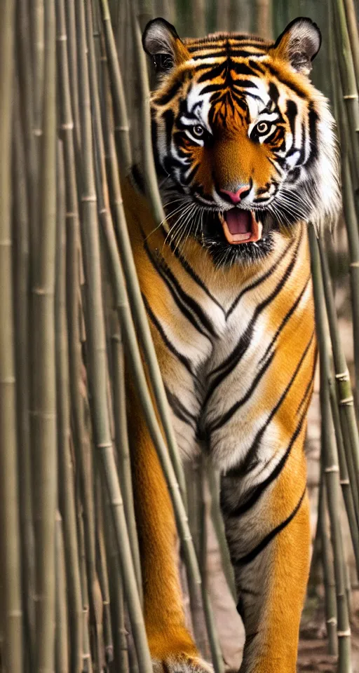 Image similar to a photo of a bengal tiger walking through bamboo towards the camera, looking at the camera, 200mm, canon, f5.6