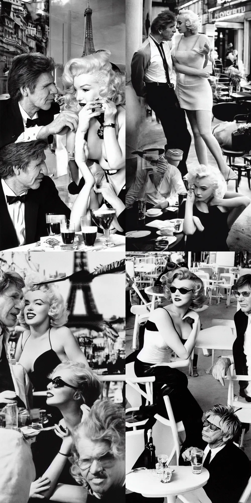 Prompt: “Black and White photograph of Marilyn Monroe and Harrison Ford flirting in a Paris Cafe. Eiffel Tower in the background. Style and feel of art photography by Gary Winogrand”