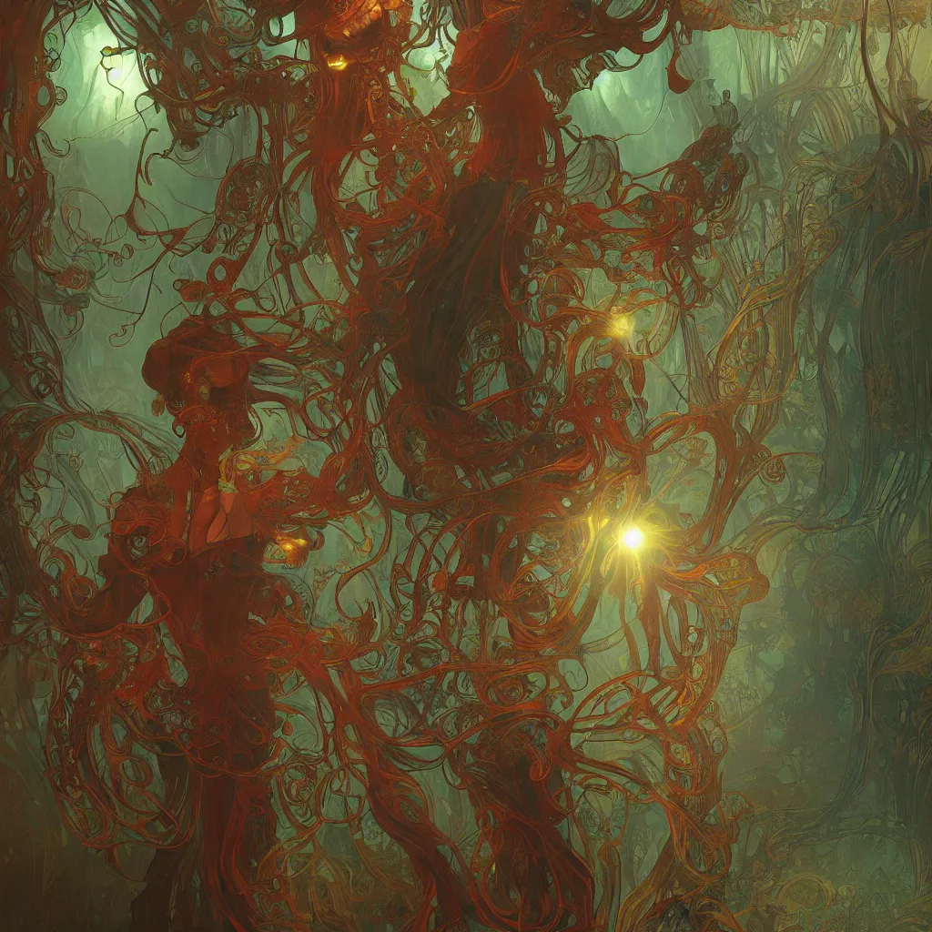 Prompt: rich teal fungus monsters by john sweeney, intense red veins by alphonse mucha, intense lighting, light beams, lens flare, intricate, elegant, nightmare, highly detailed, digital painting, artstation, concept art, smooth, sharp focus, illustration