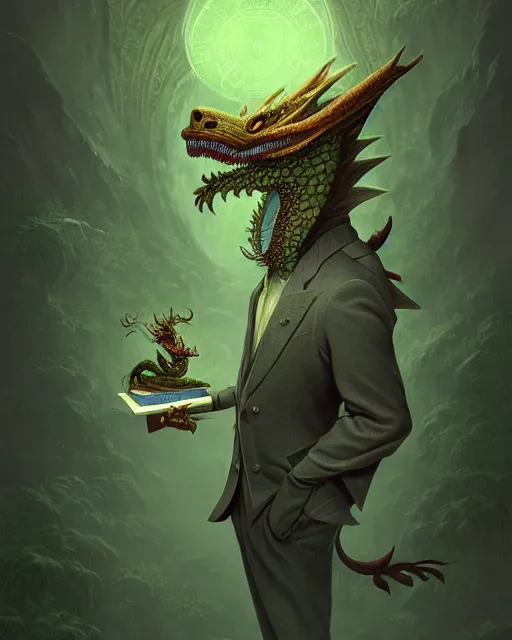 Image similar to anthropomorphic art of a businessman dragon, green dragon, portrait, victorian inspired clothing by artgerm, victo ngai, ryohei hase, artstation. fractal papers and books. highly detailed digital painting, smooth, global illumination, fantasy art by greg rutkowsky, karl spitzweg