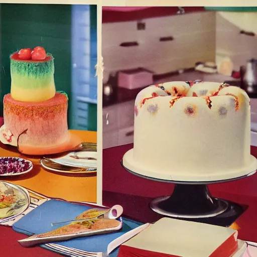 Image similar to 1970's cookbook color photograph of fancy cake sharp detail high detail