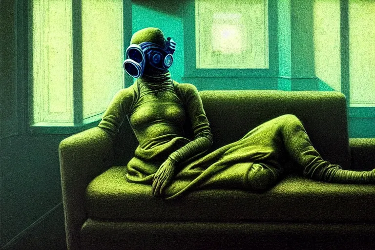 Prompt: hyperrealistic girl wearing a gas mask lying on the sofa reading a book in her room, in the style of beksinski, solarpunk, exact anatomy, atmospheric, clean, intricate and epic composition, green by caravaggio, insanely quality, highly detailed, masterpiece, blue light, artstation, 4 k