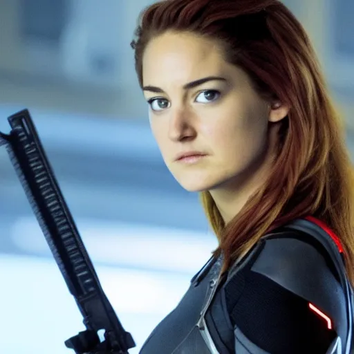 Image similar to A still of Shailene Woodley as Black Widow in Iron Man 2 (2010), close-up