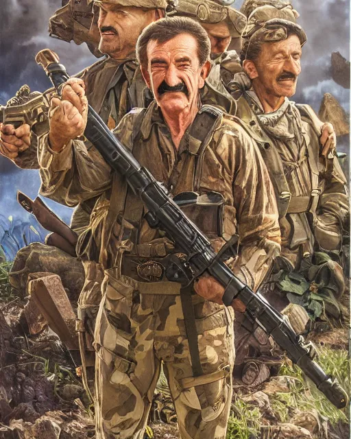 Image similar to full body 8 k photo of paul chuckle standing next to barry chuckle dressed as sas soldiers holding battle - axes, intricate, elegant, highly detailed, cinestill, digital painting, artstation, led dramatic lighting, sharp focus, by da vinci, artgerm and greg rutkowski and alphonse mucha