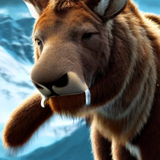 Image similar to a photograph of sabertooth moose cub. live action still from avatar the last airbender ( 2 0 2 5 ). color harmony, 8 k detail, gallery quality, hd wallpaper, premium prints available.