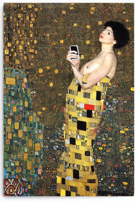 Image similar to iphone selfie, phone in hand, by gustav klimt