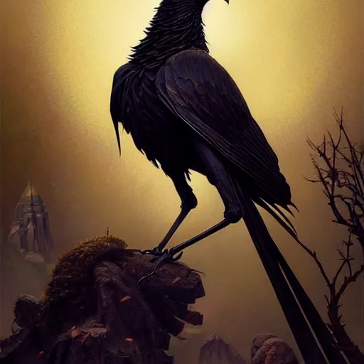 Image similar to goddess of crows, unusual beauty, emotionally evoking symbolic metaphors, head in focus, fantasy, ornamental, intricate, elegant, sensual, highly detailed digital painting, artstation, concept art, painterly, golden ratio, sharp focus, illustration, art by John Collier and Krenz Cushart and Artem Demura and and Greg Rutkowski and Alphonse Mucha and Albert Aublet