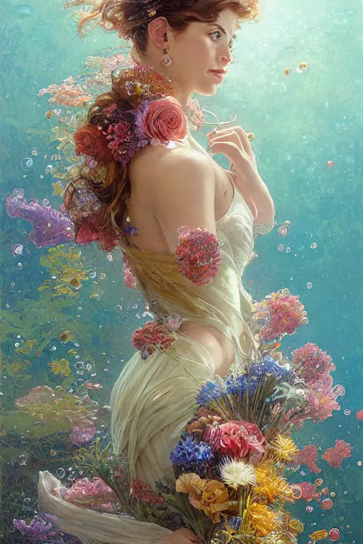 Image similar to portrait of a beautiful mysterious woman holding a bouquet of flowing flowers, small bubbles from her mouth, hands hidden under the bouquet, submerged underwater filled with colorful small fish and coral reef, fantasy, regal, intricate, by stanley artgerm lau, greg rutkowski, thomas kindkade, alphonse mucha, loish, norman rockwell