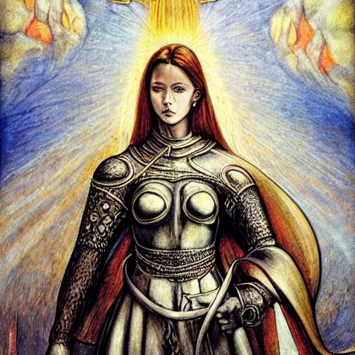 Image similar to jeanne d'arc in the style of william blake, terese nielsen, detailed, intricate, beautiful faces, steve argyle, triumphant fate, pastoral fantastic reality, photorealistic