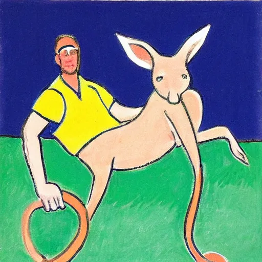 Image similar to simon whitlock riding a kangaroo, as painted by matisse