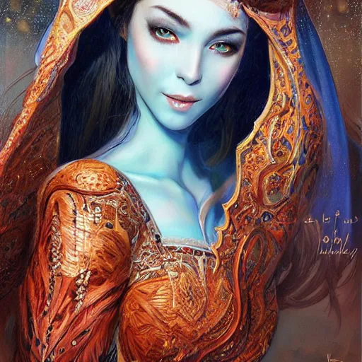 Image similar to a full body beautiful woman wearing a chedda from tlemcen by karol bak, ayami kojima, artgerm, sakimichan, arabian beauty, blue eyes, smile, concept art, fantasy