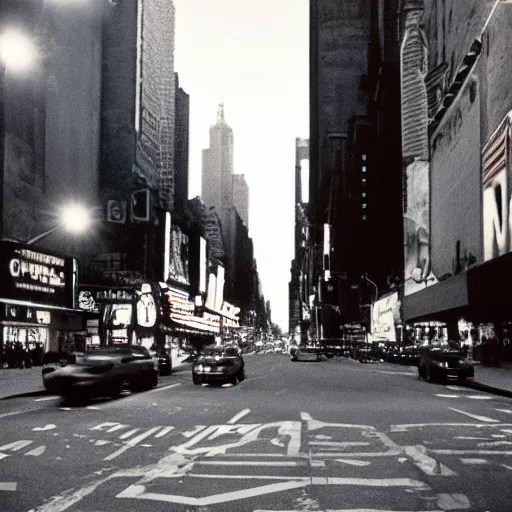 Prompt: a Cinestill film photo of 42nd street New York City at night