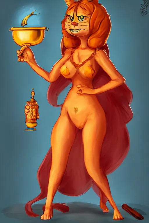 Prompt: fullbody!! personification of garfield the cat garfield goddess holding a blood chalice, stunning, professional character concept art by tatyana kupriyanova