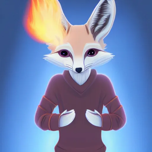 Prompt: furaffinity furry art of an anthro fennec character holding fireballs and wearing a blue sweatshirt, digital painting, detailed, cute, big intelligent eyes