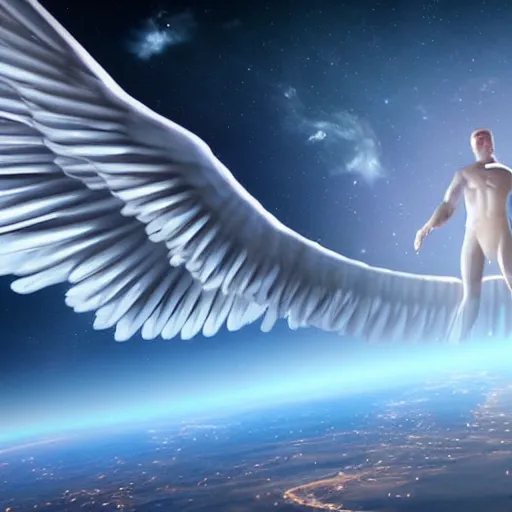 Image similar to a giant angel holding the world in the palm of its hand standing in front of the galaxy, 4 k, unreal engine 6, ultra realistic, coherent,