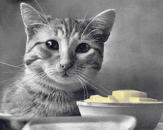 Prompt: 1970's cookbook color photograph of cheddar cheese cat sharp detail high detail