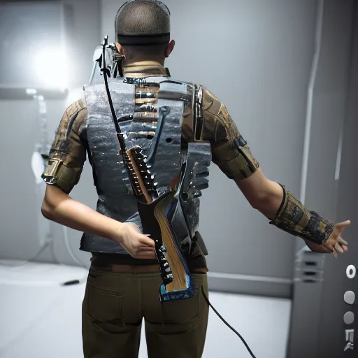Prompt: photo from behind of a high tech solider holding a electric guitar in shotting position, 8k, highly detailed, unreal engine, ultra realistic
