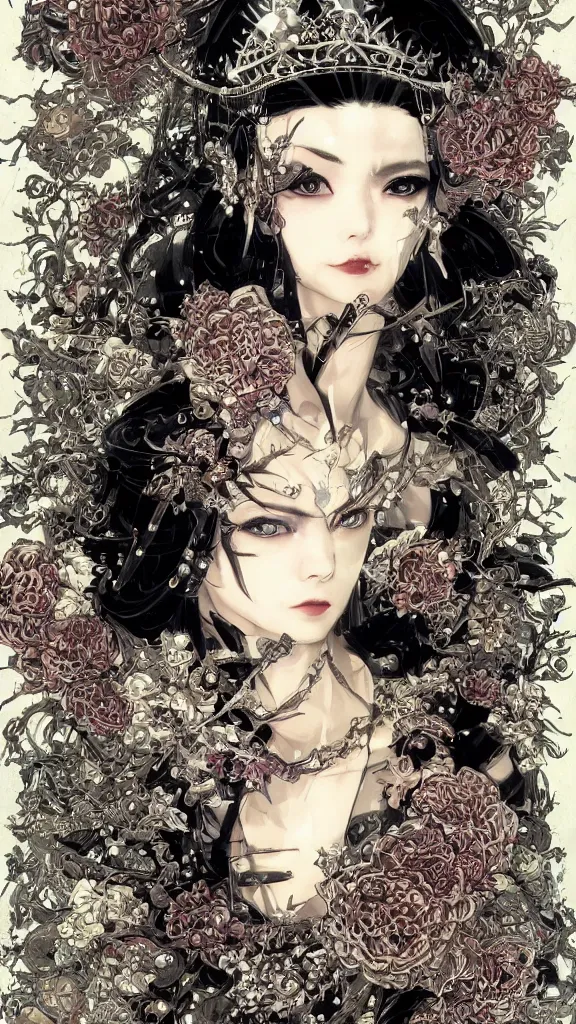 Image similar to cyberpunk fashion a beautiful black haired woman with pale skin and a crown on her head sitted on an intricate metal throne skin wrapped in flowers and wired, vintage style, by yoichi hatakenaka, masamune shirow, josan gonzales and dan mumford, ayami kojima, takato yamamoto, barclay shaw, karol bak, yukito kishiro