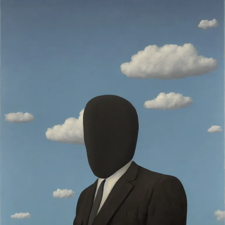 Prompt: portrait of a faceless shadow - head man with long messy fuzzy hair in a suit, clouds in the background, by rene magritte, detailed painting, distance, middle centered, hd, hq, high resolution, high detail, 4 k, 8 k