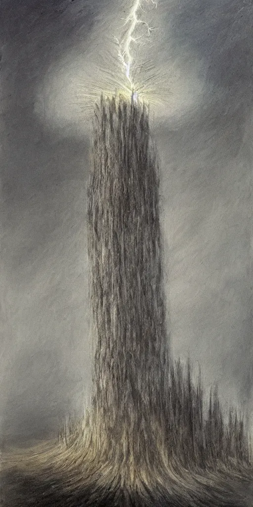 Prompt: a painting of a gray tower being struck by lightning in the style of remedios varo