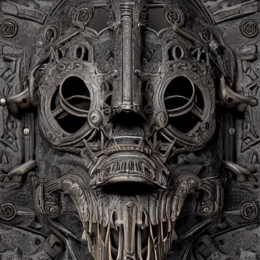 Prompt: an ominous dark ancient mask. hyper - detailed. gothic steampunk baroque. symmetric. epic. hyper - realistic. unreal render.