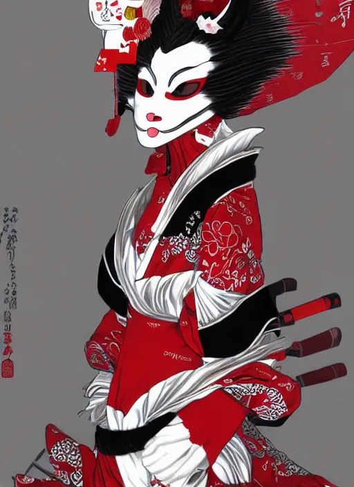 Image similar to maiko wearing a kitsune mask, fluent composition, red white and black, concept art, ambient light, 4 k, intricate details, highly professionally detailed, cgsociety, highly detailed -