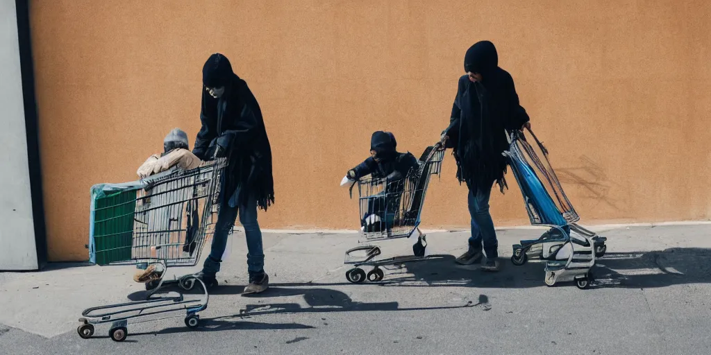 Prompt: homeless mother pushing a shopping cart with a child riding in it, in front of a blank wall