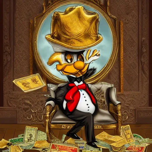 Prompt: athropomorphized rich scrooge mcduck capitalist sitting in treasure vault, wearing tophat and frock coat, pince - nez glasses on bill, spats, concept art, insanely detailed and intricate, hypermaximalist, elegant, ornate, hyper realistic, super detailed, hi - fructose, cinematic, trending on artstation, weta wlop disney