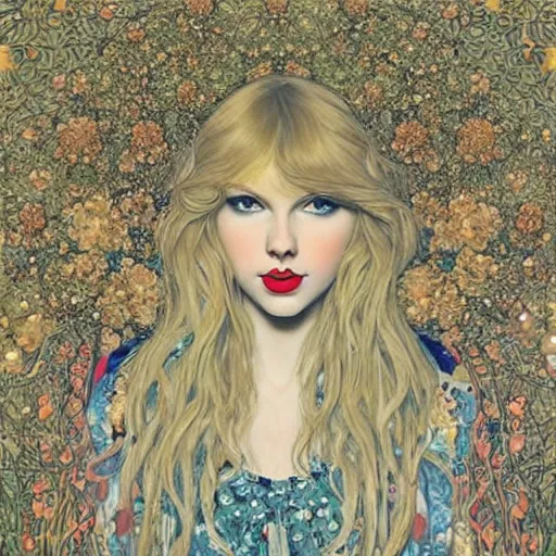 Image similar to romantic painted portrait of taylor swift by james jean!!!, mucha, klimt