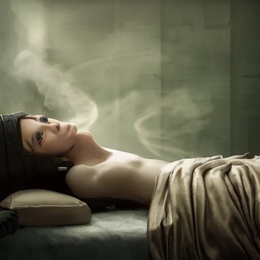 Prompt: photo of the borg queen laying on a bed sideways, pointing softly to the left, the other arm resting behind her head, with long vaporous beige silk sheets and a soft courtain behind. Greenish eerie light, back wall h r giger style, trending in artstation 8k