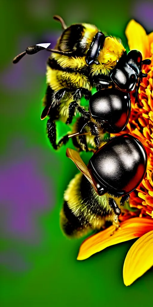 Prompt: fat fat ugly distorted bumblebee in a flower puking pollen, airbrush 8 0 s photography, polished, 8 5 mm, intricate, sharp detailed focus airbrush
