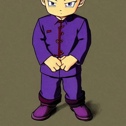 Image similar to pale little boy wearing a purple suit, artwork by toriyama togashi