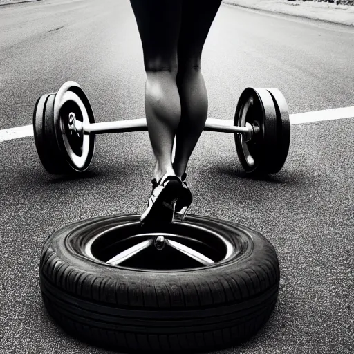 Image similar to car, bodybuilder, woman, holding, road, photo, digital art, hands, underbody, tire, standing